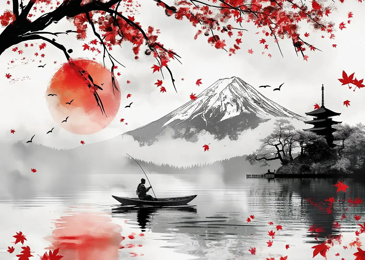 Japanese Landscape Ink Painting Poster Mountain Cherry Blossom Flowers Samurai Dragon Koi Canvas Picture Wall Art Home Decor