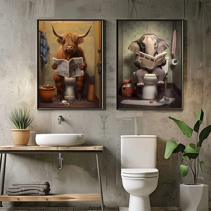 Highland Cow Sheep Mouse Sitting on The Toilet Reading Newspaper Poster Animal Print Canvas Painting Funny Bathroom Wall Decor