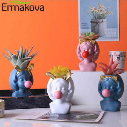 ERMAKOVA Nordic Creative Vase Human Head Lovely Bubble Gum Girl Rabbit Cat Flower Arrangement Modern Home Decoration Flower Pot