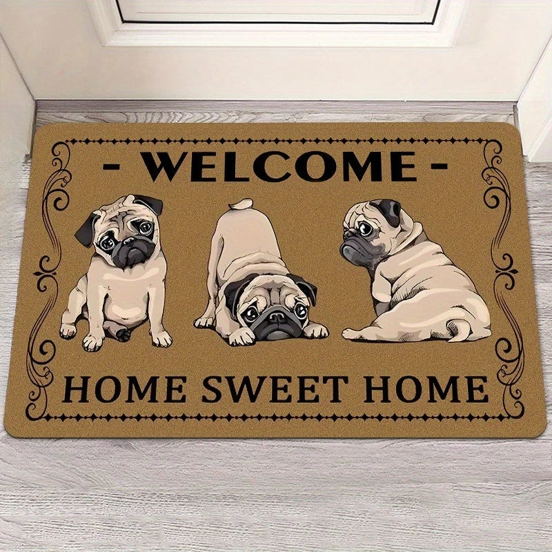Retro-style Pug Letter Welcome Door Mat Living Room Bedroom Bathroom Entrance Non-slip Floormat Balcony Hallway Laundry Room Rug