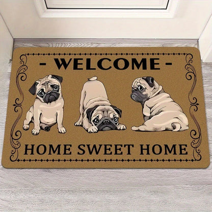Retro-style Pug Letter Welcome Door Mat Living Room Bedroom Bathroom Entrance Non-slip Floormat Balcony Hallway Laundry Room Rug