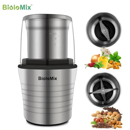 2-in-1 Wet and Dry Double Cups 300W Electric Spices and Coffee Bean Grinder Stainless Steel Body and Miller Blades,BioloMix