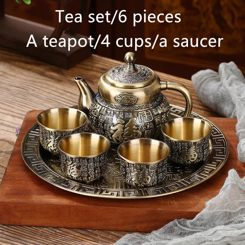 6-piece European-style bronze tea set retro metal teapot teacup set alloy teacup wine glass with tray teapot birthday gift box