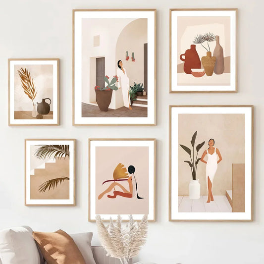 Scandinavian Simple Wall Art Fashion Girl Palm Leaves Vase Bohemian Landscape Poster Print Home Bedroom Living Room Decoration