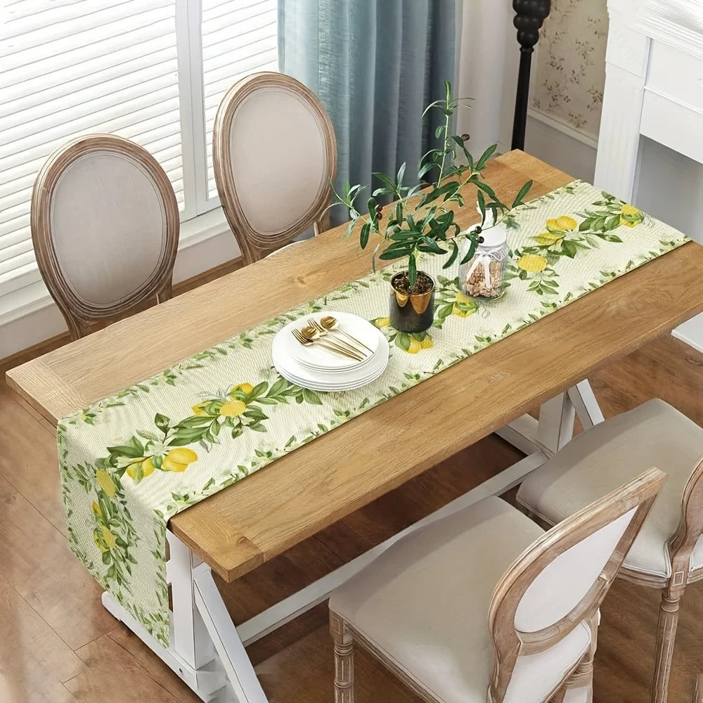 Spring Lemon Flowers Leaf Linen Table Runner Holiday wedding Party Decor Seasonal Summer Floral Plants Table Runners Table Decor
