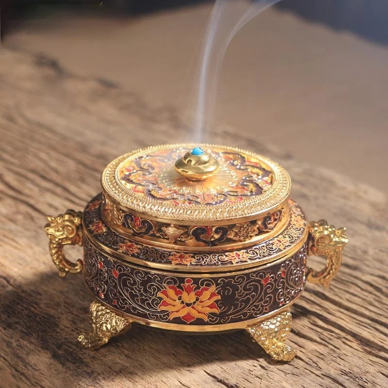 Colored Enamel Lotus Incense Burner 4-Foot Metal Painted Incense Base Tea Ceremony Accessories Sandalwood Coil Censer Home Decor