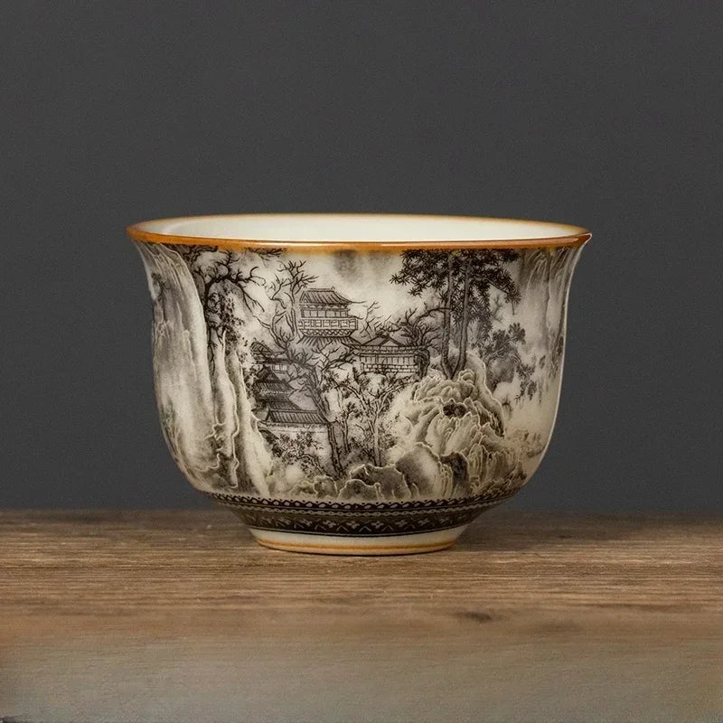 65ML Ru Kiln Ink Landscape Round Tripod Teacup, Personal High end Master's Cup, Single Cup, Opening, Nourishing Ceramic Tea Cup