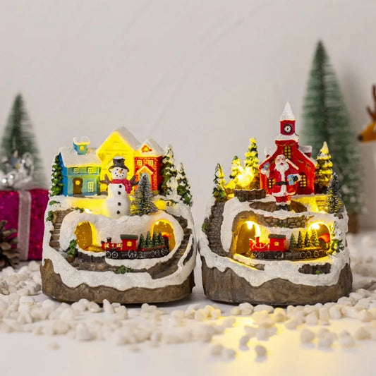 Statue en résine, maison de Village décorative de noël, maison de neige musicale éclairée par LED, Figurine de table de noël, Festival à domicile