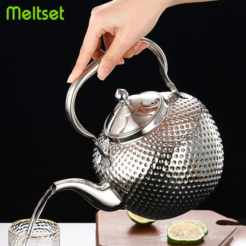 Stainless Steel Teapot Hammered Spherical Kettle with Strainer  Induction Cooker Stove Tea Pot Drinkware Kitchen Accessories