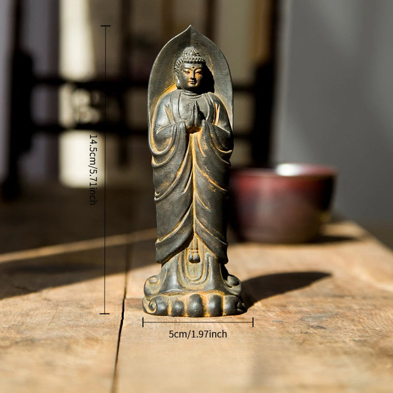 Zen Buddha Ornaments Standing with Hands Folded Tathagata Buddha Sakyamuni Imitation Cast Iron Desktop Ornament Art Figurine