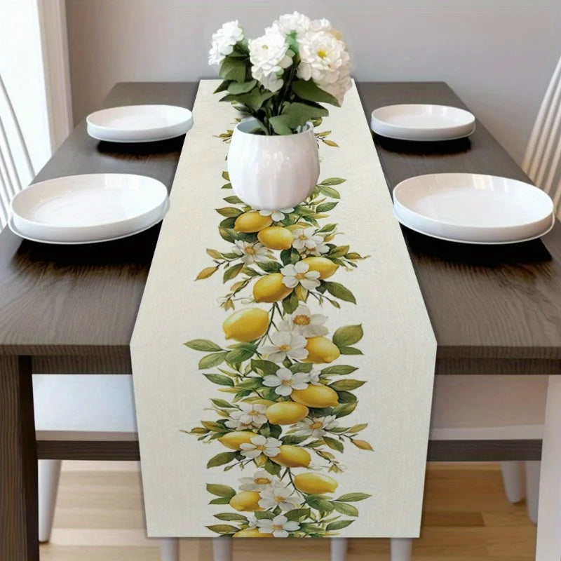 Spring Lemons Flowers Linen Table Runner Holiday Party Decor Seasonal Summer Plants Table Runners for Kitchen Dining Table Decor