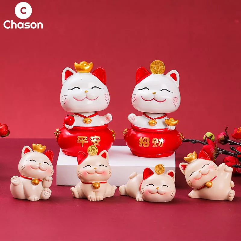 Lucky Cute Kawaii Cat Figurine Wealth Fortune Sculpture Gaming Office Table Desk Car Ornaments Chinese New Year Decoration Gifts