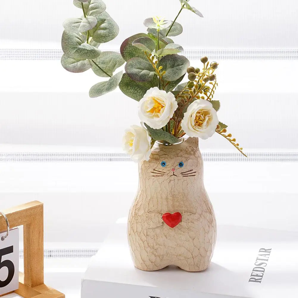 Handmade Wooden Cat Vase Solid Wood Handmade Vase Modern Shelf Decor Accents Solid Tall Floor Vase Plant Flower Home Decoration