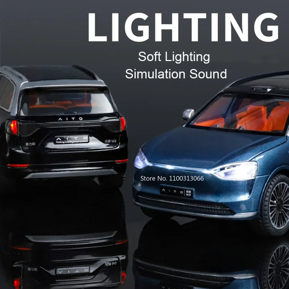 1:24 Scale SERES AITO M9 Cars Alloy Models Diecast Toy 6 Doors Opened SUV with Light Sound Vehicles Toys for Kids Festival Gifts