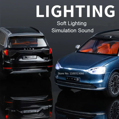 1:24 Scale SERES AITO M9 Cars Alloy Models Diecast Toy 6 Doors Opened SUV with Light Sound Vehicles Toys for Kids Festival Gifts