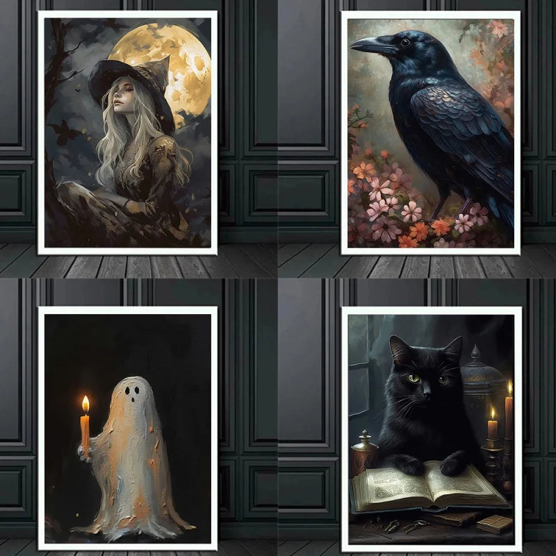 Gothic Dark Wall Art Victorian Raven Witch Canvas Oil Posters And Prints Halloween Background Living Room Bedroom Decoration