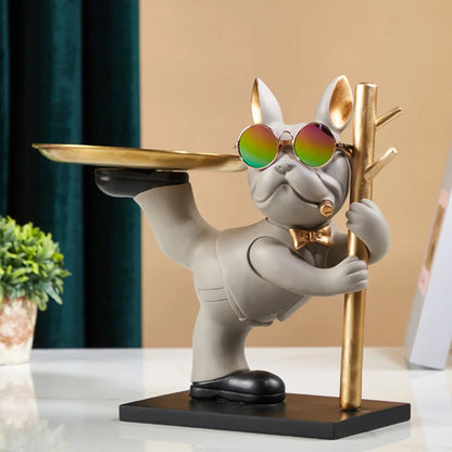 French Bulldog Decoration with Wood Holder Dog Sculpture for Home Decor Animal Statues Butler Office Desk Ornaments Living Room