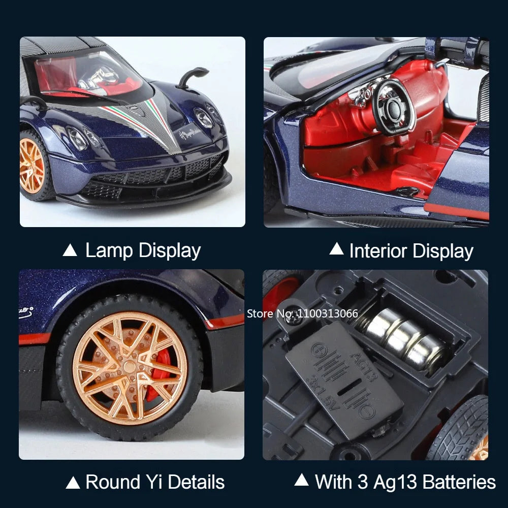 1:32 Pagani Huayra Roadster BC Toy Cars Model Alloy Diecast with Light Music Sports Car 4 Doors Opened Vehicle Toddler Kids Gift