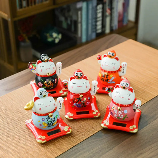 Chat porte-bonheur à bras ondulé à énergie solaire de 4.5 pouces, chat porte-bonheur en céramique, Figurine FengShui, décoration de table pour la maison, cadeau porte-bonheur