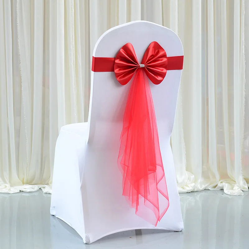 10PCS Satin Organza Chair Bow Sashes Wedding Chair Knots Bow Cover Band For Party Event Hotel Banquet Country Wedding Decoration