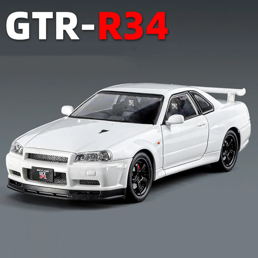 1/24 Scale Nissan Skyline GTRR34 Models Cars Alloy Diecast Toys Rubber Tires Vehicle 4 Doors Opened Toy Car for Kids Best Gifts