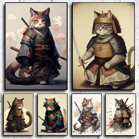 Vintage Japanese Style Samurai Cat Wall Poster Aesthetic Canvas Painting Prints Wall Art For Kids Room Home Room Decor Frameless