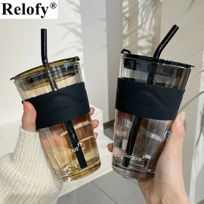 450ml Lead Free Glass Mug with Cup Sleeve and Lid Straw Coffee Cup Juice Glass Cute Coffee Mugs Milk Cups Tea Cup Drinkware