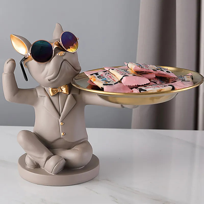 French Bulldog Figurine Resin Décor Dog Statue Butler with Metal Tray Living Room Decoration home Sculpture Craft Gift