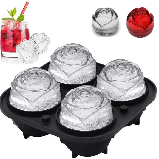3D Rose Ice Cube Tray Silicone Mold - 4 Giant Flower & Ball Ice Maker for Cocktails, Reusable, Easy Release, Party & Home Bar