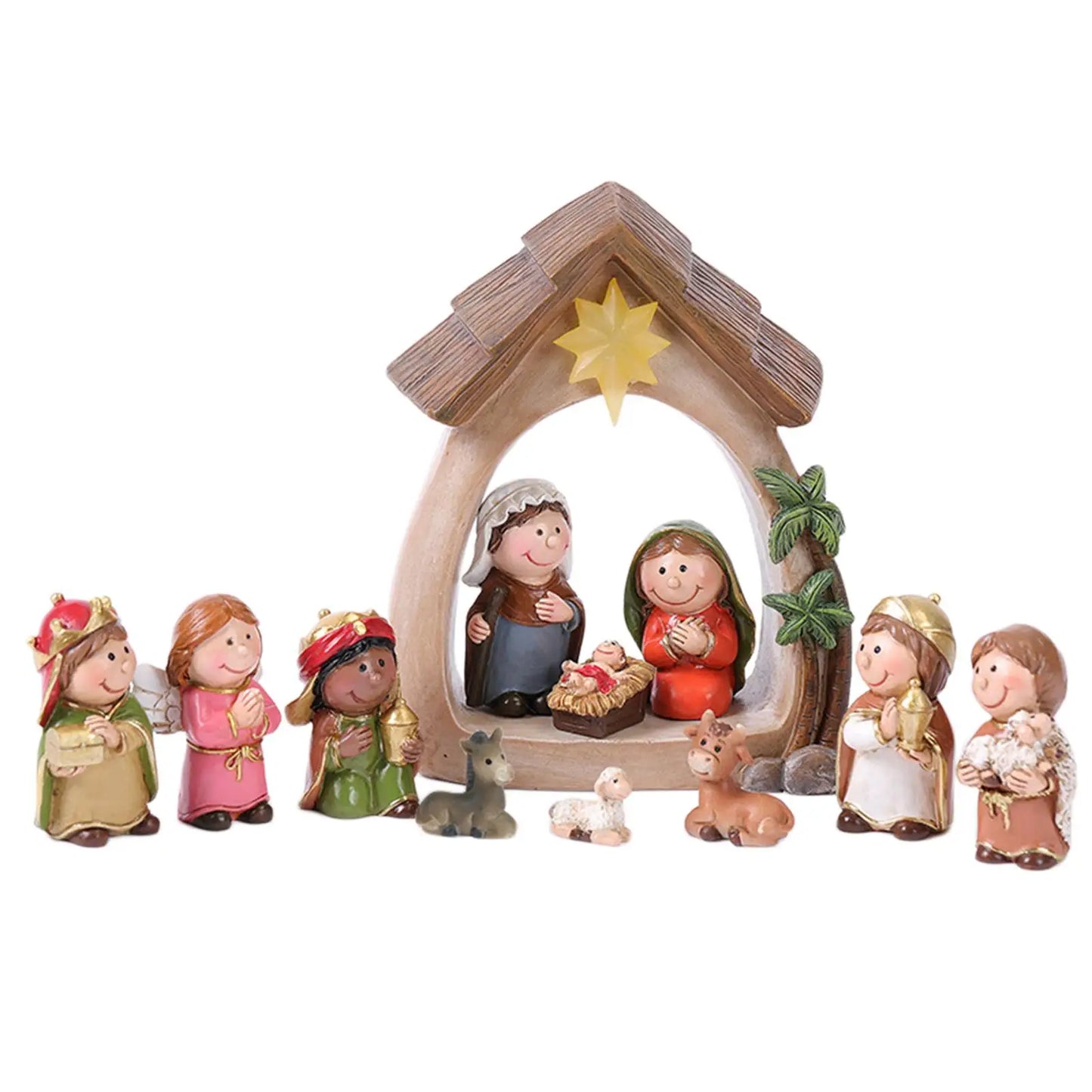 12Pcs Christmas Nativity Figurines with Light Resin Holy Family Birth of Jesus for Christmas Tabletop Church Shelf Chapel