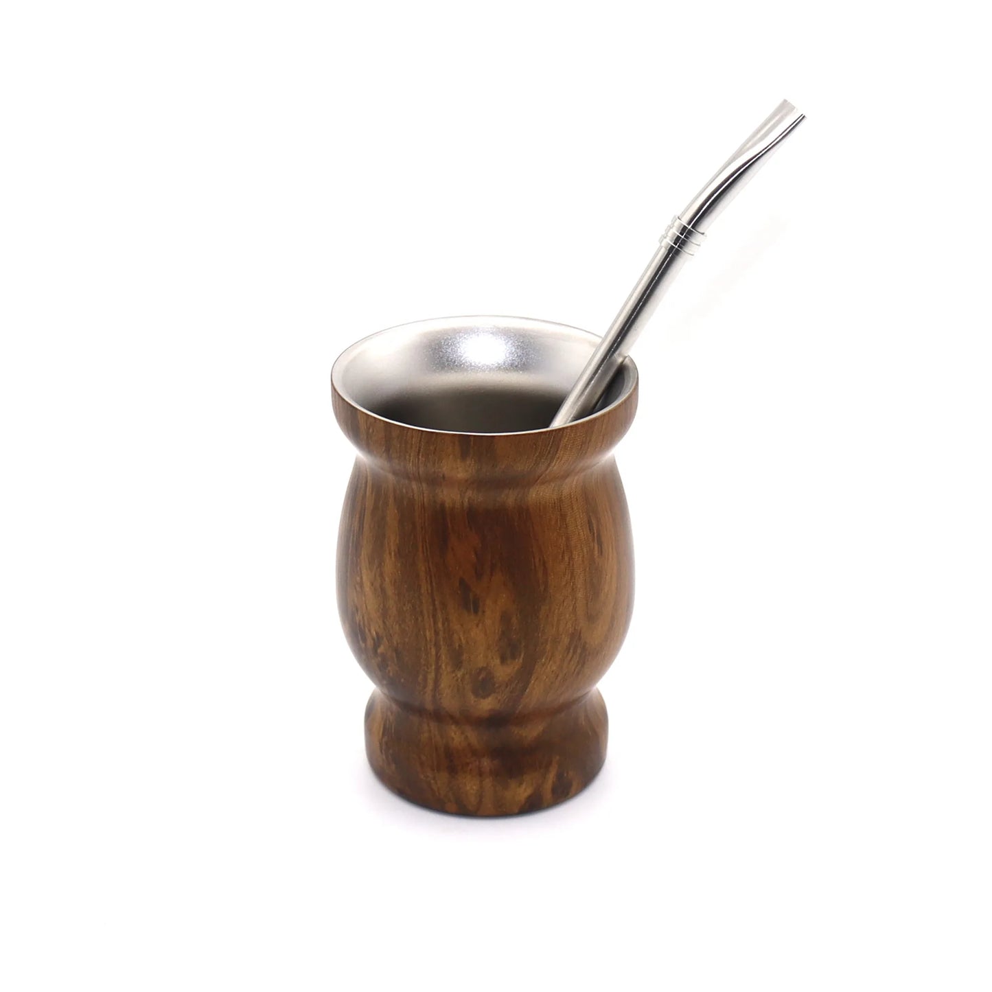 2PCS Tea Cup Straw Spoon Set Stainless Steel 304 Argentina Yerba Mate Coffee Milk Drinking Calabash Insulated Wood Grain Cups