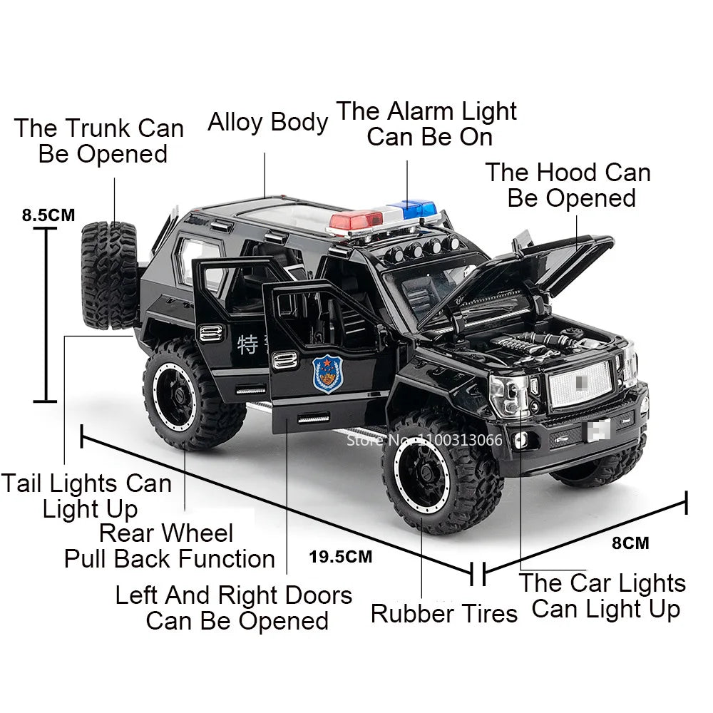 1:24 Scale Alloy QiaoZhiBaDun H2 Police Car Models Toys 6 Doors Opened Vehicles Wheel Pull Back Cars Adult Kids Birthday Gifts