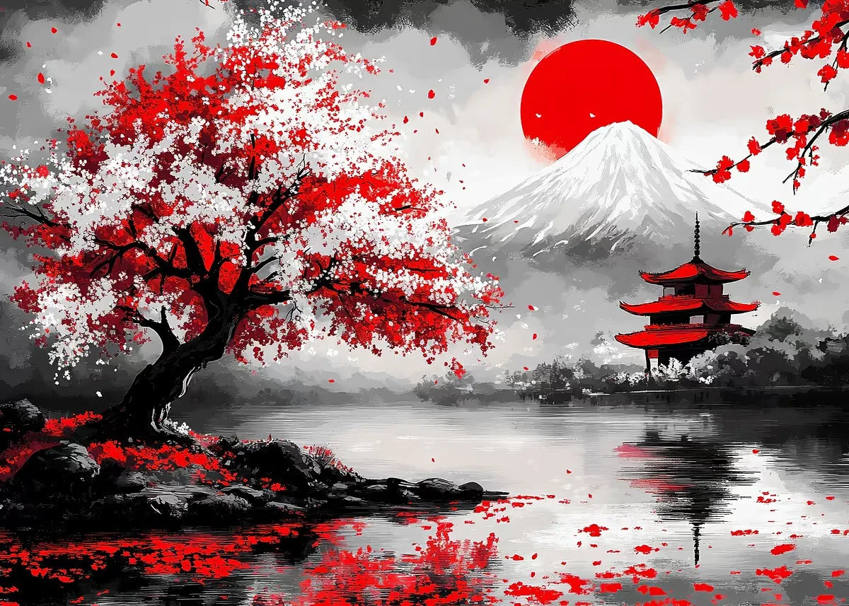Japanese Landscape Ink Painting Poster Mountain Cherry Blossom Flowers Samurai Dragon Koi Canvas Picture Wall Art Home Decor