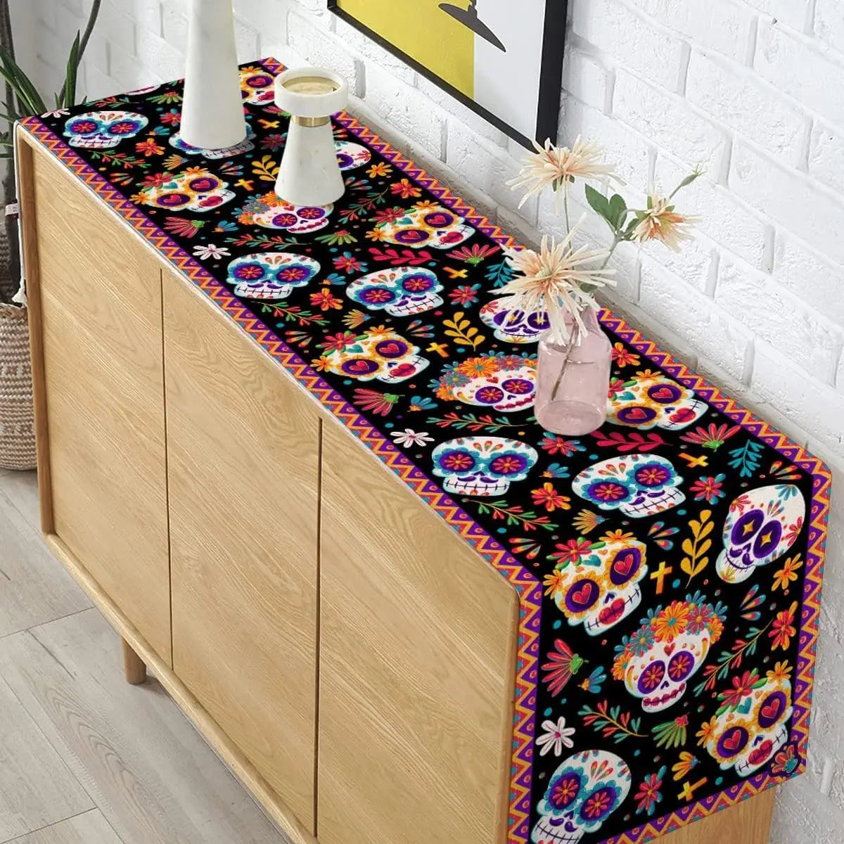 Mexican Sugar Skull Dia De Los Muertos Linen Table Runners Dresser Scarf Mexico Day of The Dead Table Runner Kitchen Party Decor