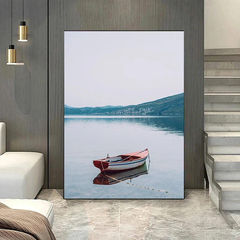 1Pcs Living Room Home Decor Canvas Painting Fishing Boat Interior Paintings Pictures Wall Decoration Nordic Style River Bedroom