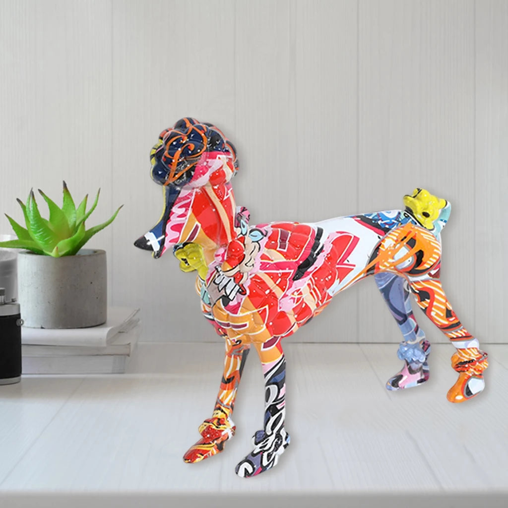 Emulational Graffiti Dog Figurine Resin Poodle Sculpture Animal Statue Ornaments Art for Kids Home Desktop Decor Yard Crafts