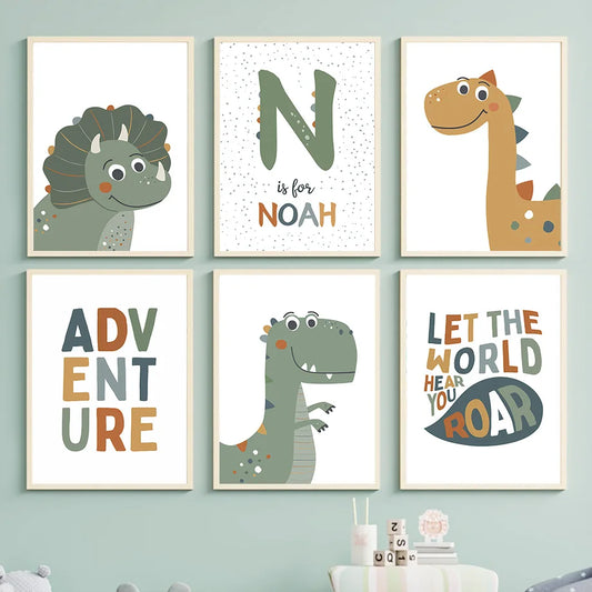 Jurassic Period Dinosaur Custom Baby Name Wall Art Canvas Painting Nordic Dino Posters And Prints  Pictures Kids Room Decor Gift