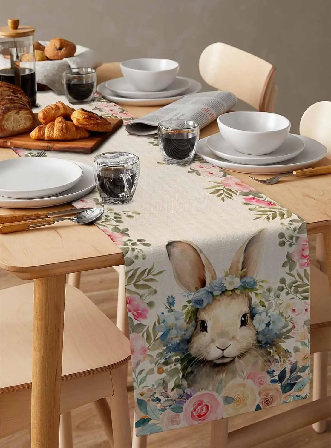 Easter Rabbit Bunny Rose Linen Flowers Table Runner Holiday Party Decor Spring Floral Botanical Table Runners Easter Decorations