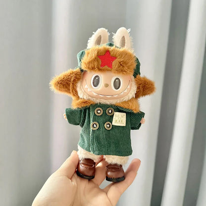 17cm Doll's Clothes For Labubu The Monster Outfit Accessories Clothing DIY Lei Feng Army Green Coat Red Star Hat