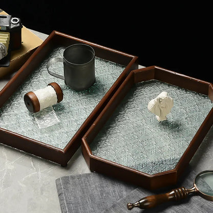 Embossed glass wooden tray, walnut rectangular storage tea tray, tea cup drinking cup, fruit snack storage tray.
