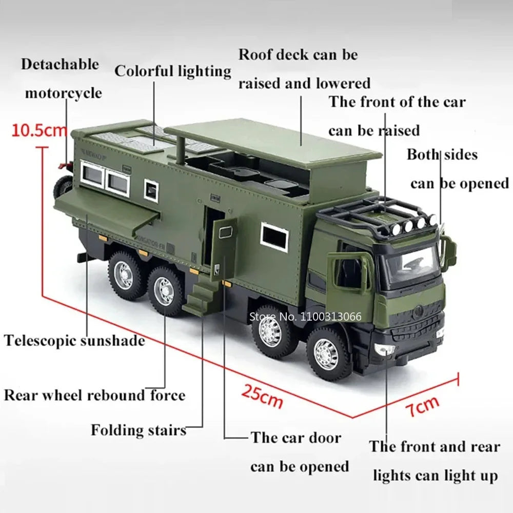 1/24 Nomadism Off-road RV Model Cars Toys Alloy Diecasting Rubber Tires Motor Home Models Light Sound Vehicle Kids Birthday Gift