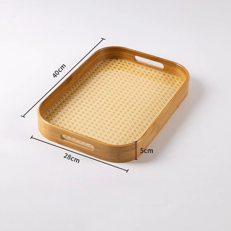 Rattan Bamboo Serving Tray with Handles Decorative Food Serving Trays Basket Serving Tray for Ottoman Coffee Table Kitchen Couch