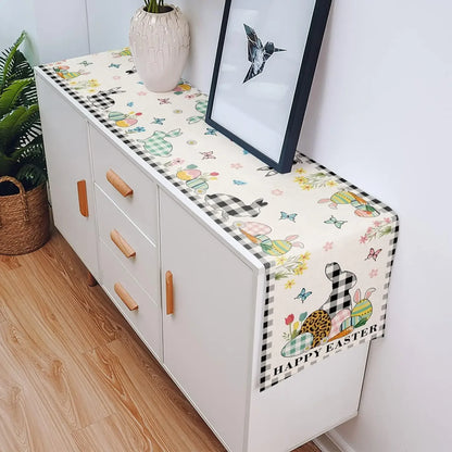 Eggs Rabbit Black and White Buffalo Plaid Easter Linen Table Runner Dresser Scarf Coffee Table Decor for Home Dining Party Decor