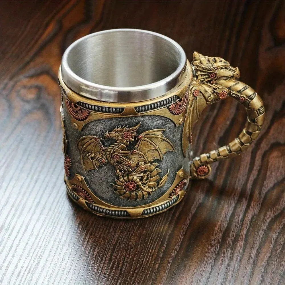 1pc Vintage Stainless Steel Mug Medieval Steampunk Dragon Coffee Cup Mechanical Dragon Beer Drinkware Father's Day Gift For Men