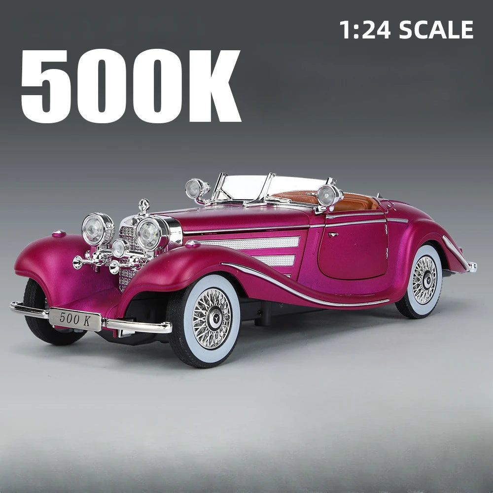 1/24 Scale 500K Vintage Car Model Toy Diecasts Alloy Sport Car Toys with Sound and Light Pull Back Vehicles for Children's Gifts
