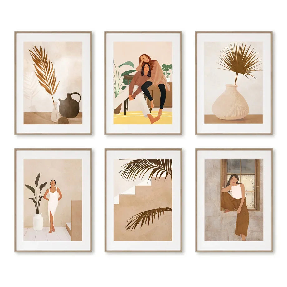 Scandinavian Simple Wall Art Fashion Girl Palm Leaves Vase Bohemian Landscape Poster Print Home Bedroom Living Room Decoration