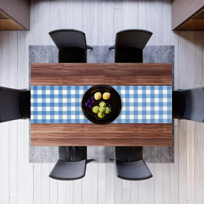 Blue White Buffalo Check Plaid Linen Table Runner Washable Dresser Scarf Wedding Party Decor Reusable Kitchen Dining Table Decor