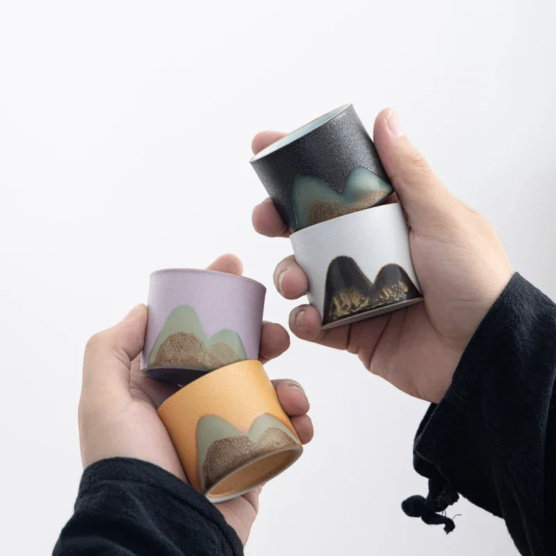Hand-PaintedCeramicTeaCupSet (4-Pc) - MountainLandscape GiftBox for Corporate Gifts Festival Souvenirs & Chinese Art Collection