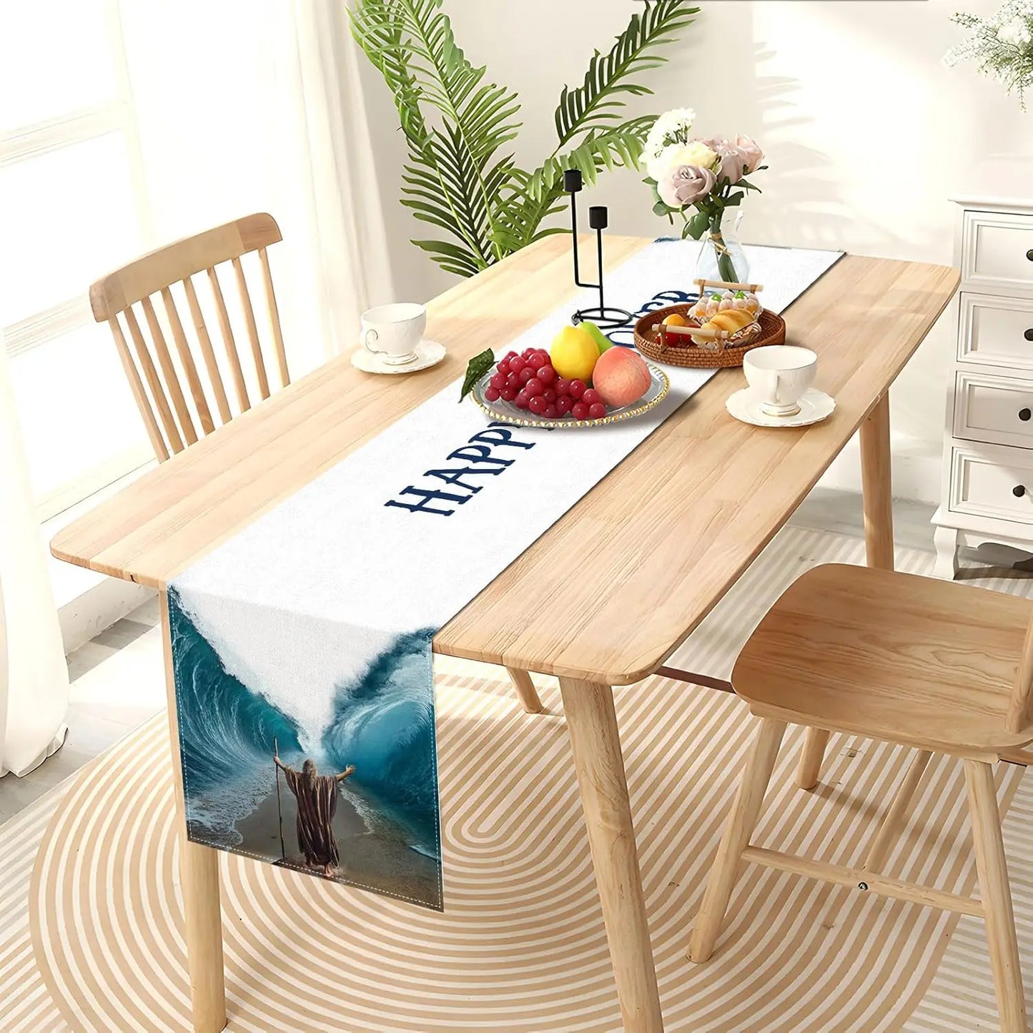 Happy Passover Linen Table Runner Dining Party Decor Moses Divided Parting The Red Sea Jewish Pesach Table Runners Party Decor