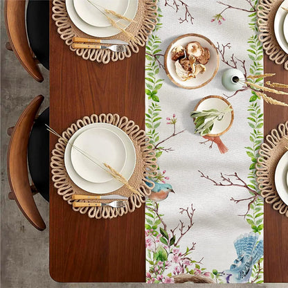 Spring Floral Bird Easter Linen Table Runner Holiday Party Decor Spring Green Leaf Table Runner for Reusable Dining Table Decor